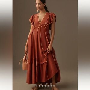 🧡NWT Anthropologie the Mimi Flutter-sleeved tipped midi dress XSP